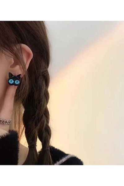 sarıyer silver Cat Head Figured Women's Earrings Big Blue Eyes Cat