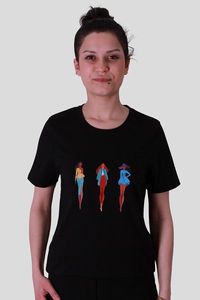 trender Three Women Print Black Women's T-Shirt