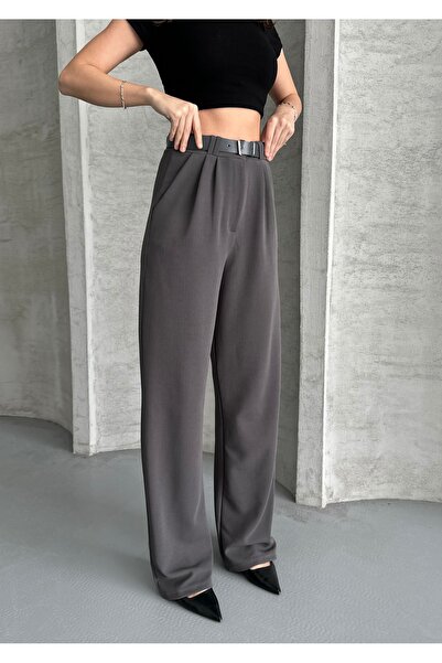 modazoom Жіночі брюки з поясом, антрацитові, з високою талією, фасон палаццо
