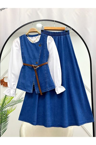 YEDİLALE Denim Vest Skirt Double Set [Belt Included, Except Shirt]