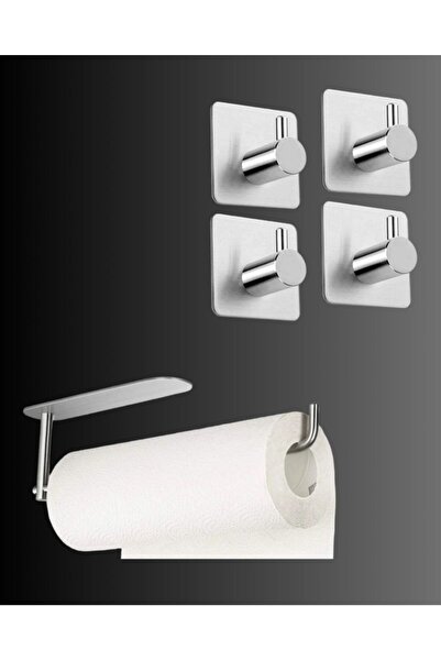 DELTAHOME Paslanmaz Çelik Yapışkanlı Kağıt Havluluk ve 4 Adet Banyo Askısı SET - Anında Kolay Montaj - INOX