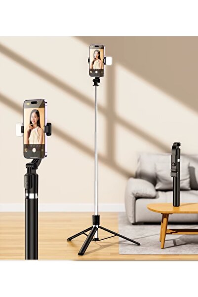 gaman R1S-L Bluetooth Kumandalı 170cm Tripod Led Işıklı Selfie Çubuğu Telefon Tripodu - Monopod