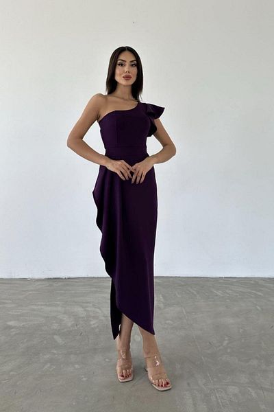 Mossta Purple One Shoulder Asymmetrical Cut Ruffle Dress