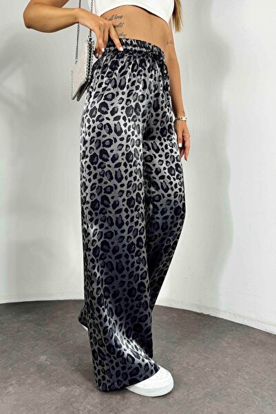 Luq Leopar Desen Parlak Saten Pantolon