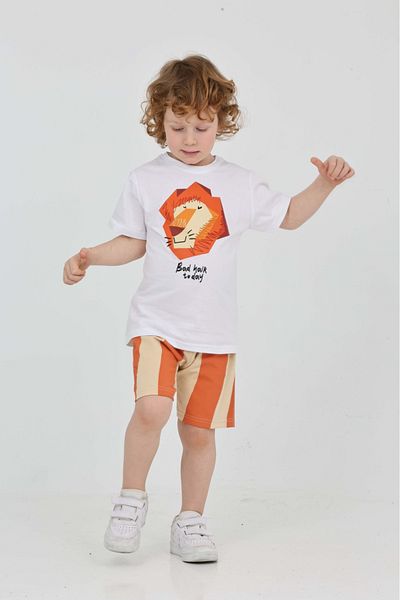 yns coolstar Unisex Model Lion Patterned Orange Striped Summer Top and Bottom Set