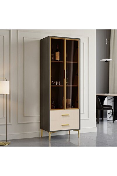 KURLUMOBİLYA Cam Kapılı ve 2 Çekmeceli Depolama Alanına Sahip Modern Gri Bar ...