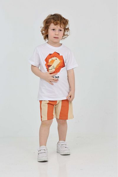 yns coolstar Unisex Model Lion Patterned Orange Striped Summer Top and Bottom Set