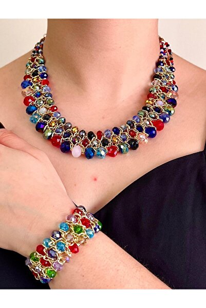 Bay hediye Kristal Taşlı Türk El Yapımı Gerdanlık Model Kolye ve Bilezik Set