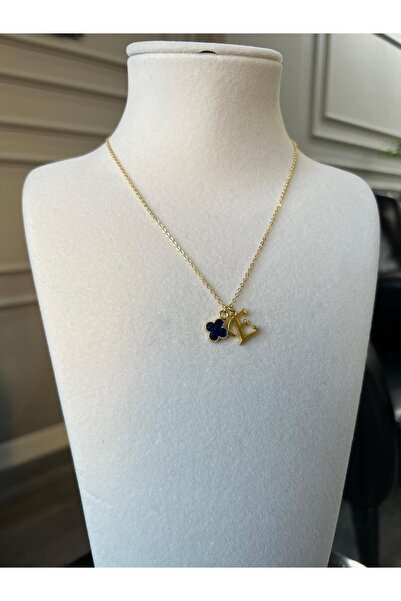 Store E Harf Kolye Yonca Charmlı Çelik Zincirli Şans Kolye