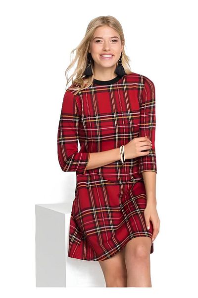 MAMAYAGA Women Plaid Pattern Crew Neck Bell Hem Three Quarter Sleeve Stylish Casual Sport Curve Dress