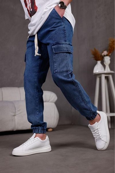 Oksit Pantaloni cargo din denim din lycra slim cu picioare și talie elastică