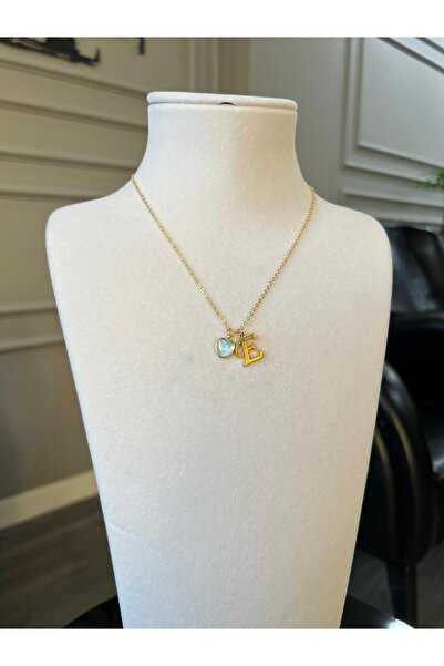 Store E Harf Kolye Kalp Charmlı Çelik Zincirli