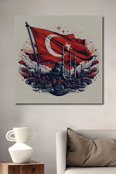 Teona Ahşap Türk Bayrağı Motifli Camii Manzarası Ahşap Dekoratif Dikdörtgen E...