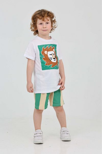 yns coolstar Unisex Model Lion Patterned Green Striped Summer Top and Bottom Set