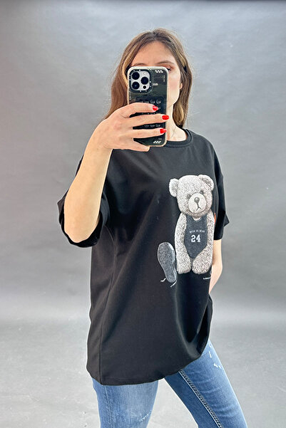 CİDDE Жіночий оверсайз бавовняний футболка з малюнком ведмедика, чорний
