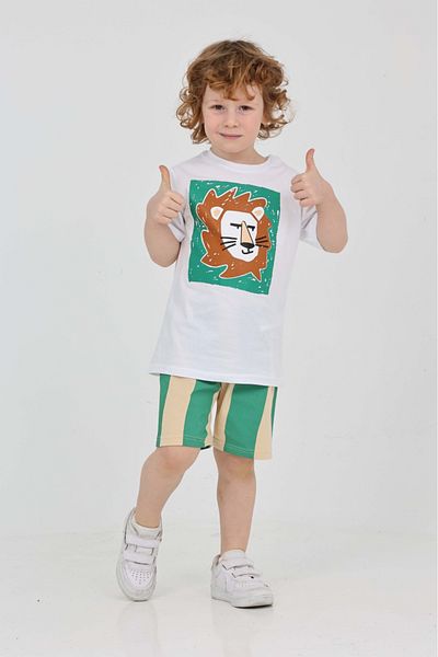 yns coolstar Unisex Model Lion Patterned Green Striped Summer Top and Bottom Set