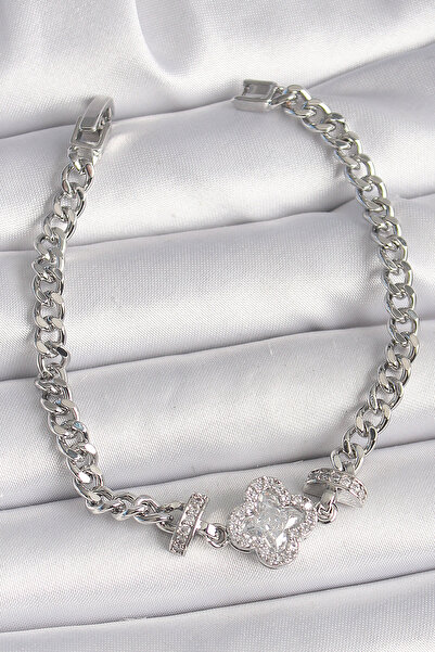 Skygo سوار نسائي من النحاس الفضي اللون بحجر الزركون البرسيم على شكل سلسلة - T...