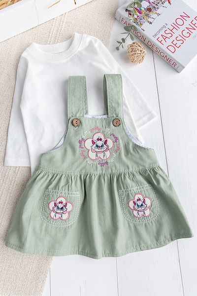 Babymod Çikeçli Cat Embroidered 100% Cotton Baby Girl Salopet Dress Gilet