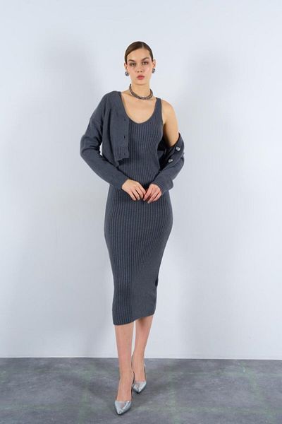 Leyaa Ribbed Dress Cardigan Suit - Smoked