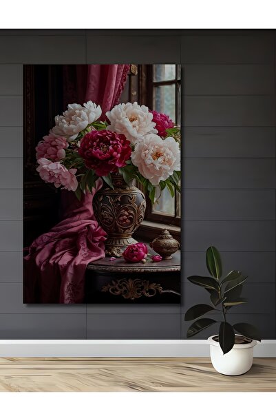 Teona Ahşap Pembe Peony Çiçekleri Ahşap MDF Dekoratif Dikdörtgen Ev,İşyeri Du...