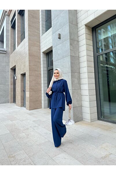 fmnbutik تصميم حجاب مريح من القماش المكافئ بنطلون فضفاض وحزام طويل وقميص توني...