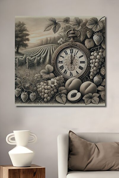 Teona Ahşap Bağbozumu Saatli Ahşap MDF Dekoratif Dikdörtgen Ev,İşyeri Duvar Tablo