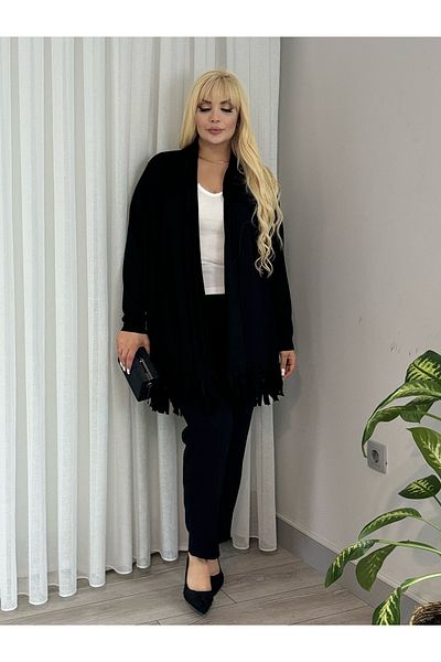 MODA Women's Plus Size Asymmetric Cut Tasseled Flexible Loose Cardigan