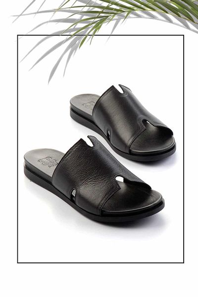Bambi Black Genuine Leather Women's Slippers K04724670003