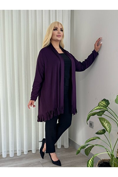 MODA Women's Plus Size Asymmetric Cut Tasseled Flexible Loose Cardigan