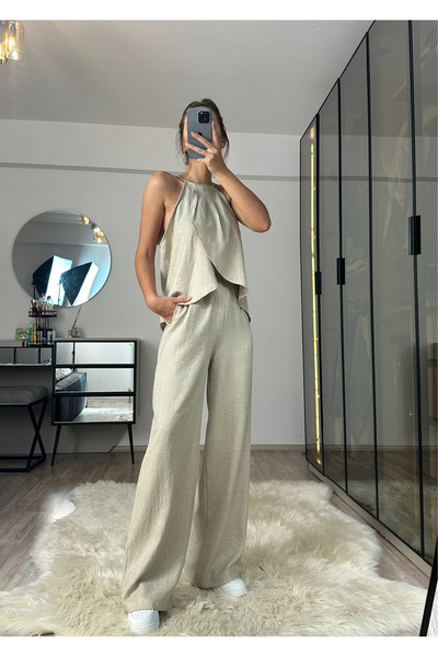 NET OF NOT Zoe Beige Sofia Linen Halter Neck Design Set