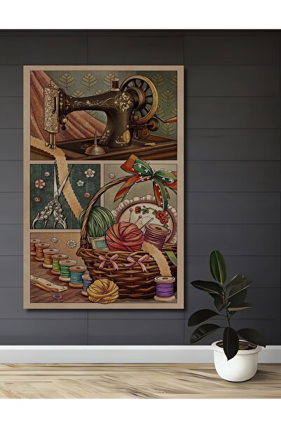 Teona Ahşap Vintage Dikiş Temalı Ahşap MDF Dekoratif Dikdörtgen Ev,İşyeri Duv...