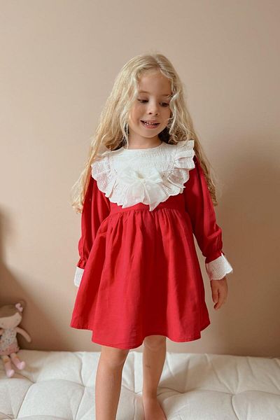Le Mabelle Γυναικείο λινό φόρεμα Red Scallop Collar Len - Trinetta