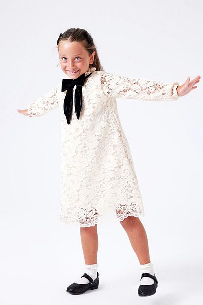Le Mabelle Girl's Cream Guipure Bow Detailed Dress - Bessie