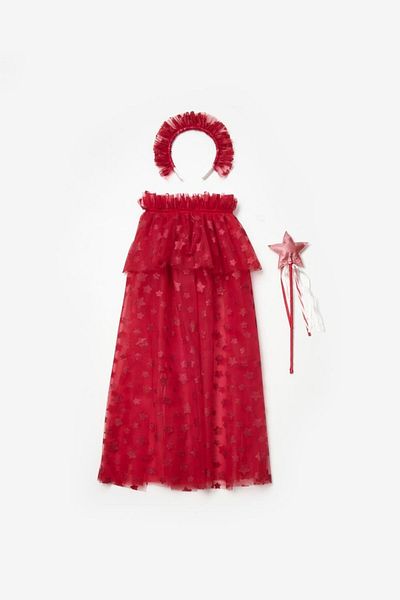 Le Mabelle Red Glitter Star Girl's Cloak and Crown Set