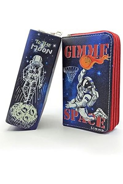 Siloin Limmy Pencil Case Basketball Player Astronaut Space Pattern Organizer Pencil Case Vegan Leather Three Compartments Stay