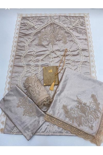 CONSTRAİN Zeynishome 6 Pieces Prayer Rug Set Dowry Bundle Velvet Laced Bridal Groom Set