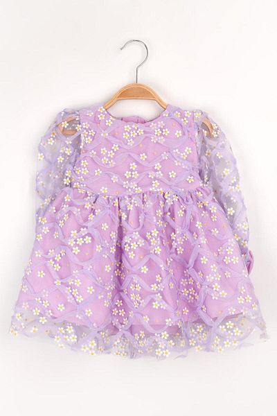 Le Mabelle Hera - Lilac Long Sleeve, Daisy and Tulle Detailed Girl's Dress