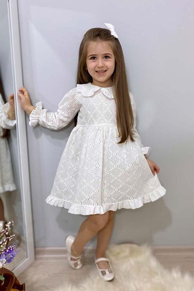 Le Mabelle Λεπτομερές κοριτσίστικο φόρεμα με μακρυμάνικο λευκό λαιμόκοψη - Jesicca