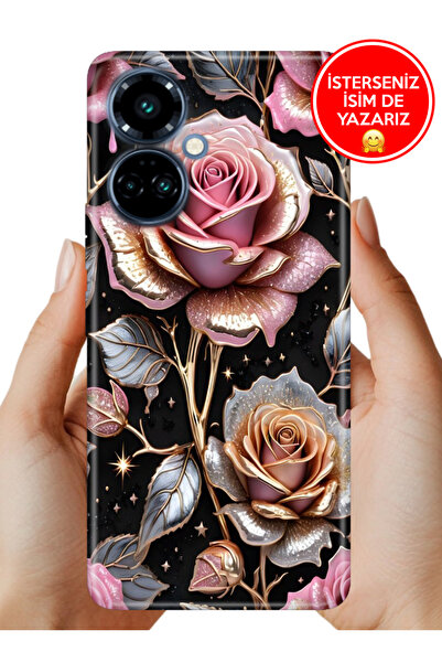 TECNO Camon 19 Pro Kılıf Lüks Desenli Silikon Cover Case Gold Gül