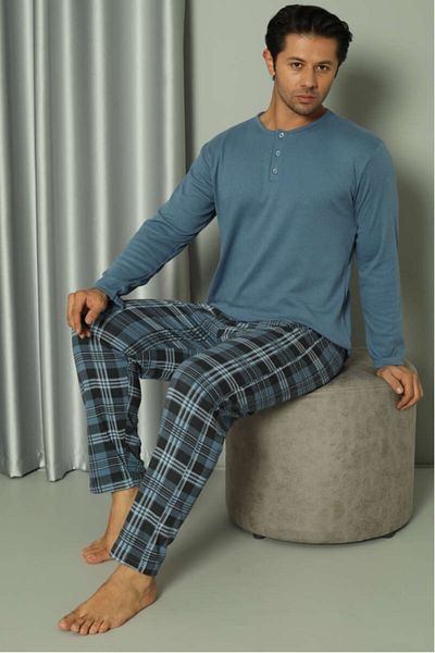 pijamakeyfi Men's Pajama Set Summer & Seasonal - Long Sleeve - Crew Neck - Collar Buttoned Pajama Set