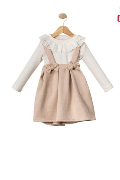 By Cwhr %100 Pamuk Fisto Yakalı Kız Çocuk Body Fiyonk Detaylı Deri Slopet Elbise Kız Çocuk Takım