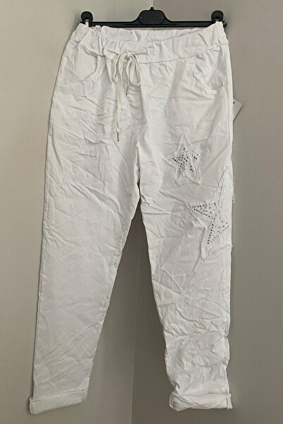 AYASOFYA OTANTIK Women's Italian White Elastic Waist Stone Embroidery Detailed Star Patched Trousers