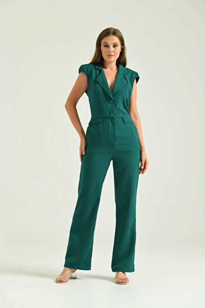 Lujiz Kadın Tulum Elbise Ceket Yaka Kumaş Tulum Elbise Yeşil - T106