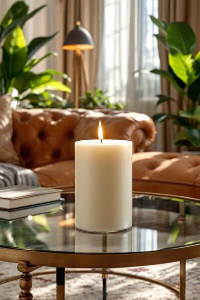 Candle Vase El İşçiliği Blok Kütük Silindir Mum Krem Renk  5 Cm  X 10 Cm   La...