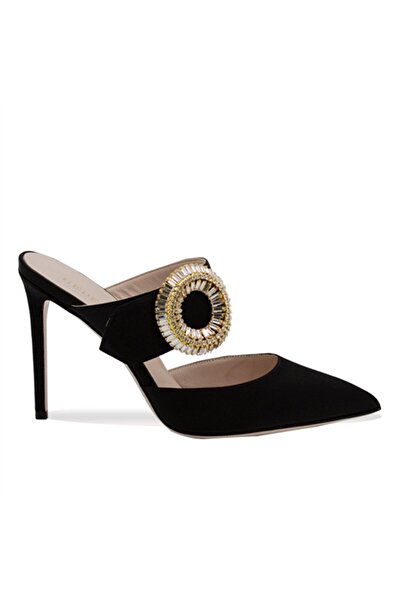 Gedebe Pantofi cu toc Mule cu cataramă din piatră aurie neagră Satin negru