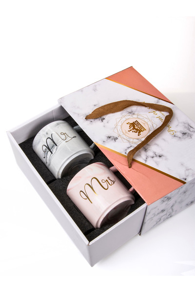 MUKKO HOME Luxury Marble Patterned Mr & Mrs Set of 2 Porcelain Mugs, 400 ml and Gift Box.