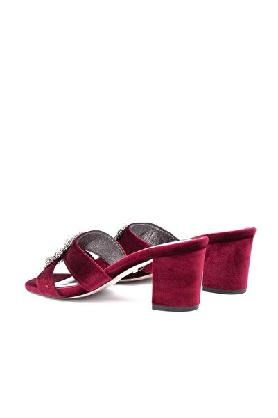 Vario Velvet Stone Buckle Thick Heeled Slippers (Burgundy Velvet)
