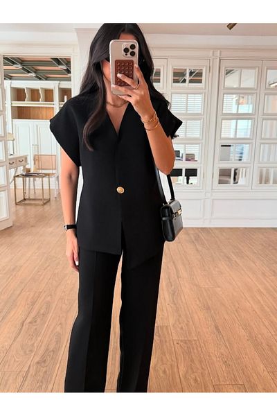 YouLikeButik Asymmetrical Vest Back Elastic Trousers Set