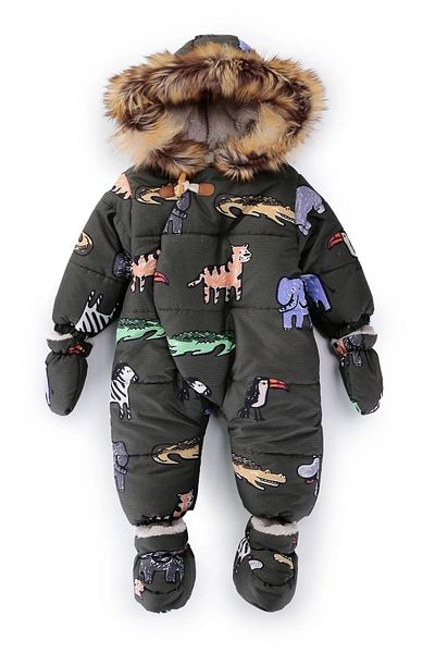 DeKuBaby Winter Astronaut Jumpsuit for Baby Boy - Cute Animals Patterned, Furry Hood and Gilded