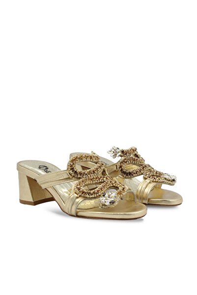 Vario Altın Taş Detaylı Kalın Topuklu Terlik Dore